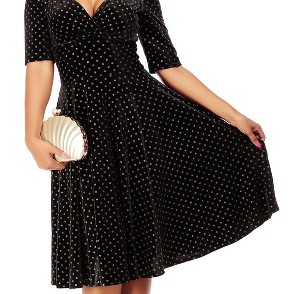 COLLECTIVE Velvet Glitter Polka Dot Print Swing Dress, Retro Pinup - Picture 5 of 5
